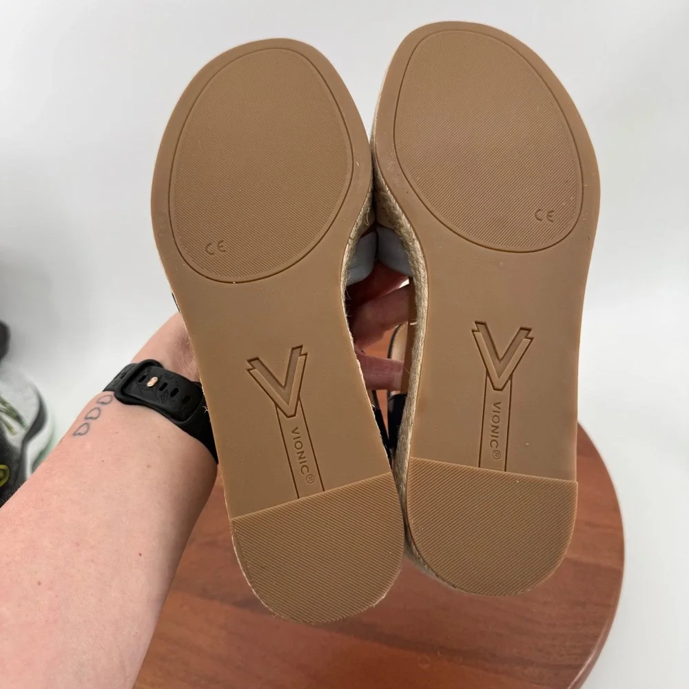 Vionic Saratoga Navy Multi Leather Espadrille Wedge Sandals Womens 11 Wide‎